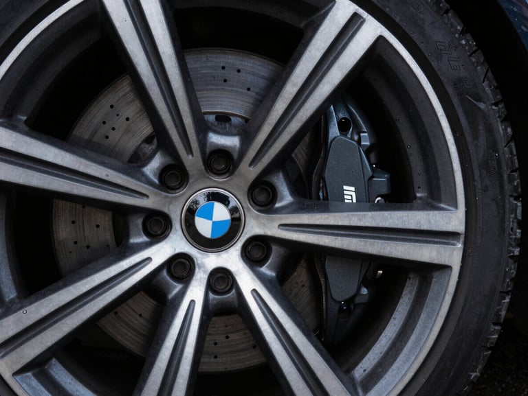 Moody macro shot of a grey BMW M Sport alloy wheel and brake caliper under cool overcast daylight, sharp details
