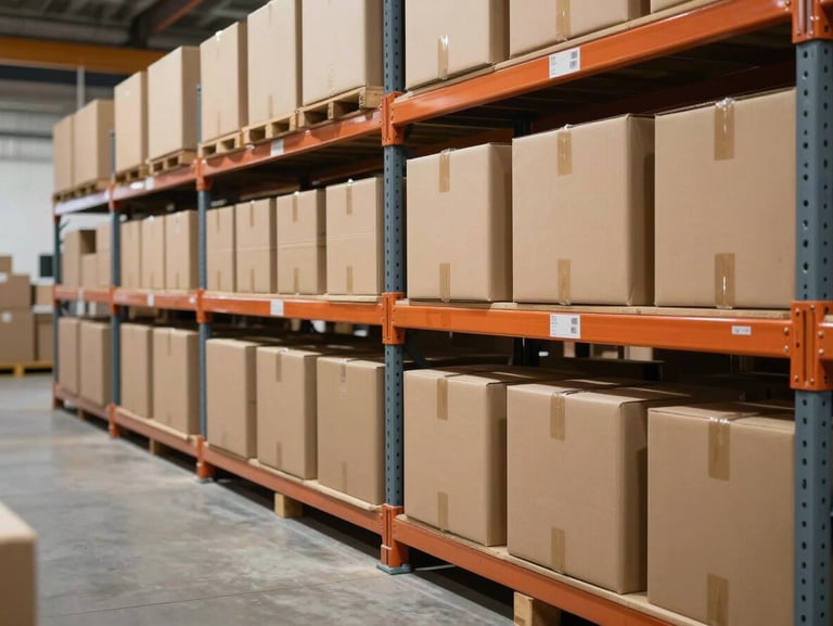 A clean, organized wholesale warehouse shelf with neatly stacked cardboard shipping boxes, industrial concrete floor, bright overhead lighting, no people.