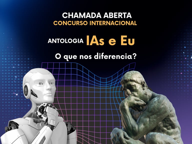 Poster for the IAs e Eu international anthology contest featuring a white robot and The Thinker statue.