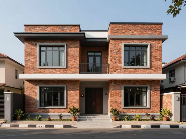 Modern three-story brick house in Lalitpur, clean frontal shot showing blacktopped road access, bright natural daylight.