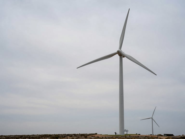 Wide environmental landscape of a wind farm on a clean horizon under a vast, pale gray sky