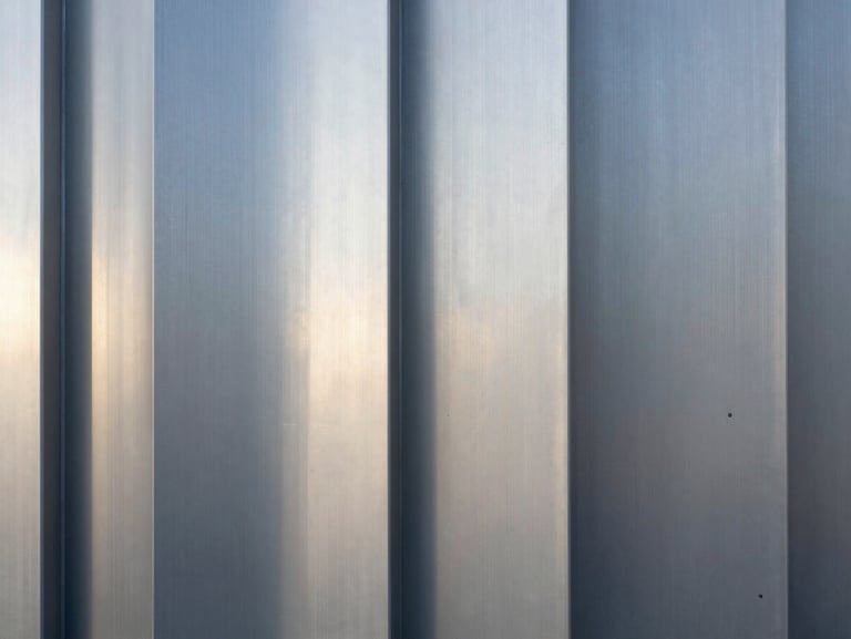 Abstract texture of brushed silver metal panels reflecting cool, diffused daylight, architectural detail