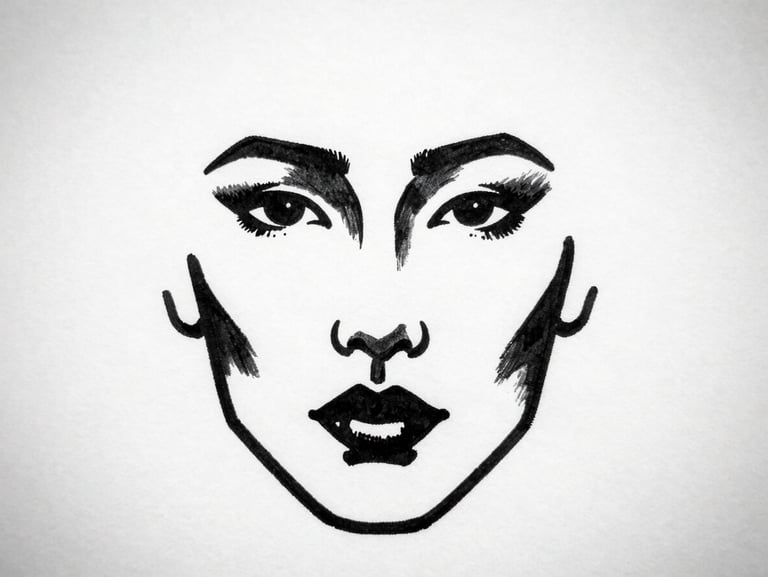 Stark black ink drawing of a minimalist face on textured paper, high-contrast studio lighting, deep blacks and crisp whites