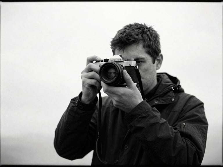 Desaturated 35mm film still of a travel vlogger holding a vintage camera, overcast daylight, high-contrast monochrome