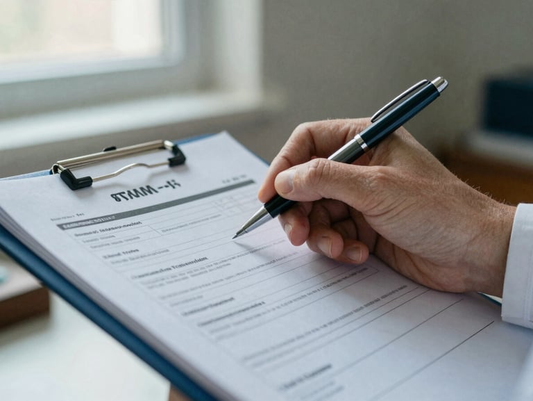 Close-up of a doctor's hand holding a pen over an official medical report, soft focus, natural office lighting, 35mm