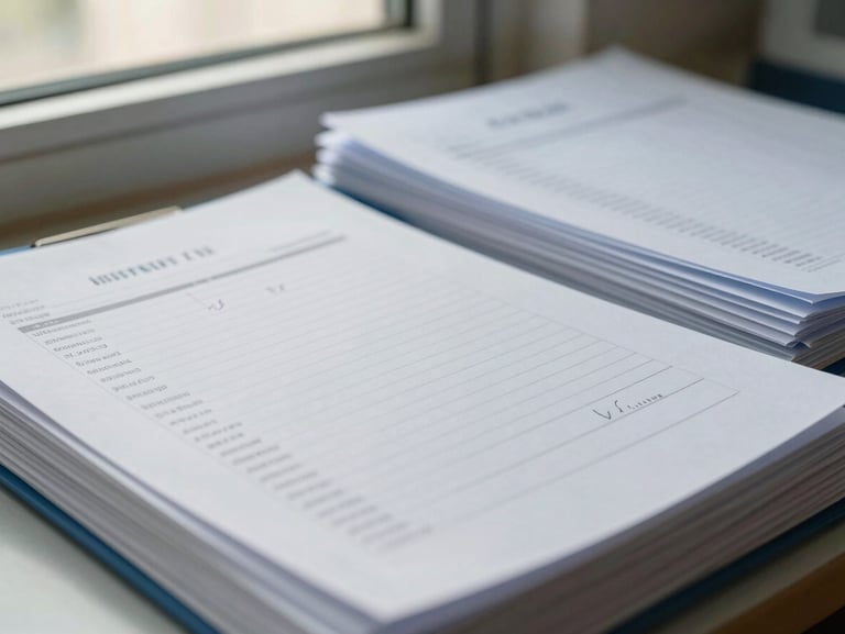 Detailed view of medical files with handwritten notes, clinical history folders stacked on a desk, warm natural window light, 35mm