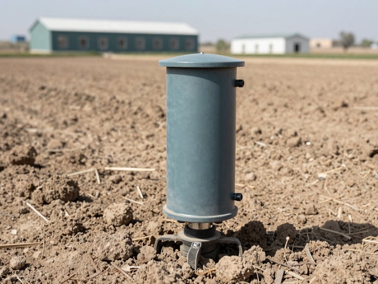 Close-up of a rugged agricultural sensor probe installed in a dry soil field under bright daylight, with a blurred background of a modern farm in Nineveh.