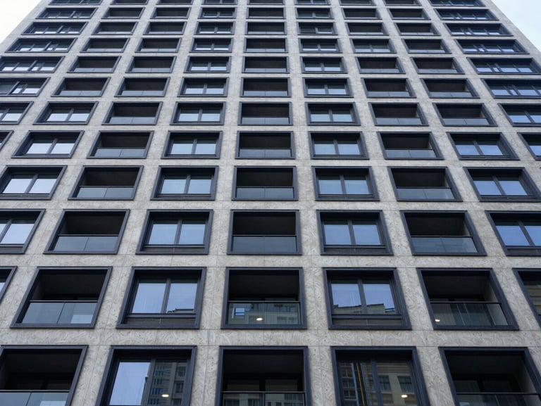 Architectural low-angle shot of a modern residential building facade under crisp daylight, steel and concrete details, deep navy and steel tones, high detail.