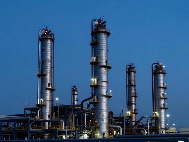Industrial petroleum refinery towers, dramatic steel structures against a deep blue evening sky, crisp daylight, deep navy and steel tones, high detail.