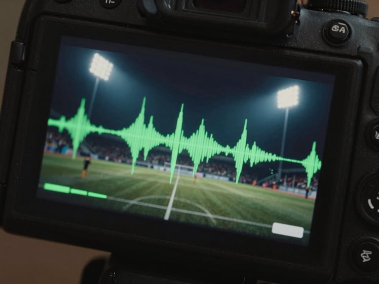 Extreme close-up of a high-end camera monitor displaying a fast-paced vertical video timeline, neon green audio waves on screen, dark studio background.