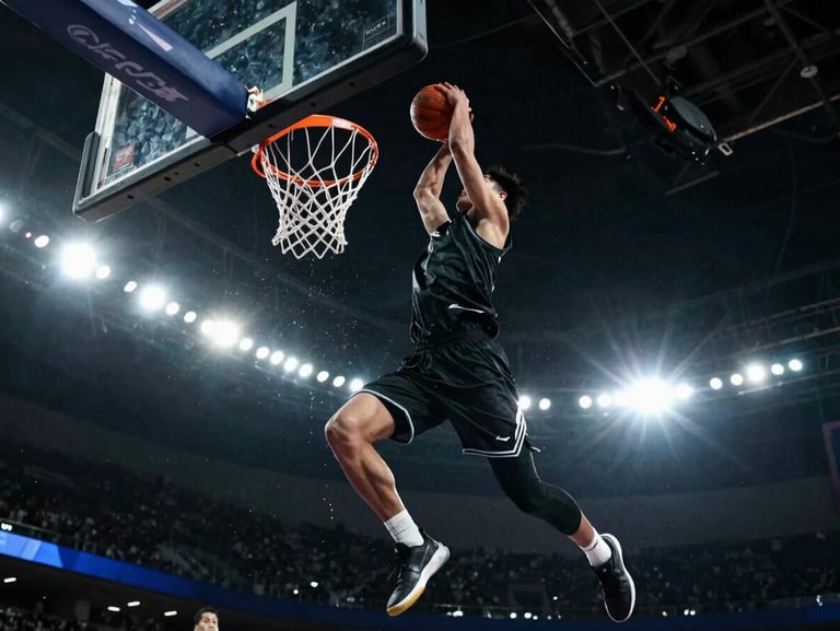 Low-angle wide shot of a basketball player mid-dunk, dramatic stadium floodlights casting deep shadows and lens flares, sweat droplets flying.