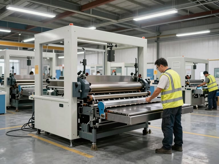 Wide-angle environmental shot of a worker in high-visibility gear operating a large flatwork ironer in a commercial laundry facility, bright warehouse lighting.