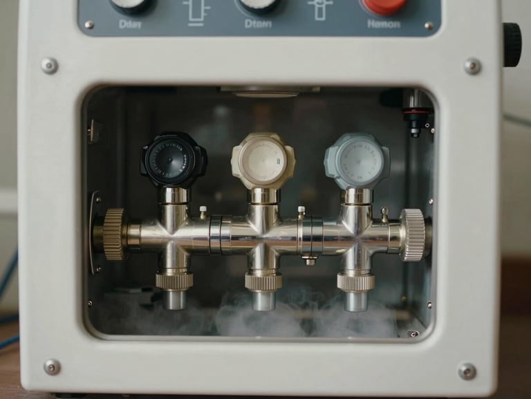 Close-up macro shot of a professional dry-cleaning machine control panel and steam valves, sharp industrial lighting.
