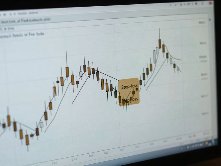 Close-up of a complex candlestick chart with technical annotations, low ambient light, cool monitor glow, showing a precise stop-loss level marked in muted amber.