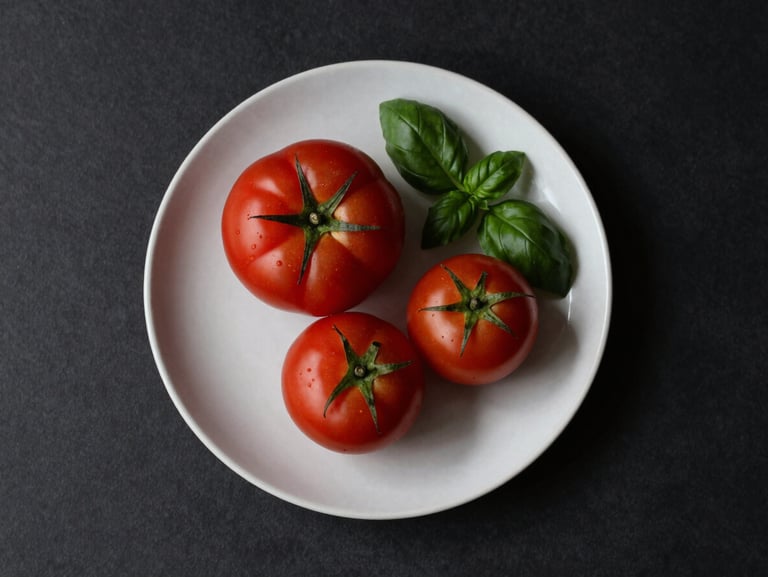 Minimalist Scandinavian food photography, top-down view of raw organic heirloom tomatoes and fresh basil on a clean matte ceramic plate, soft natural side-light, high-contrast shadows.