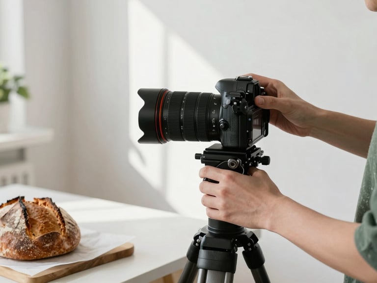 Behind-the-scenes agency work, close-up of hands arranging a professional camera on a tripod over a table with rustic sourdough bread, natural morning light, clean workspace.