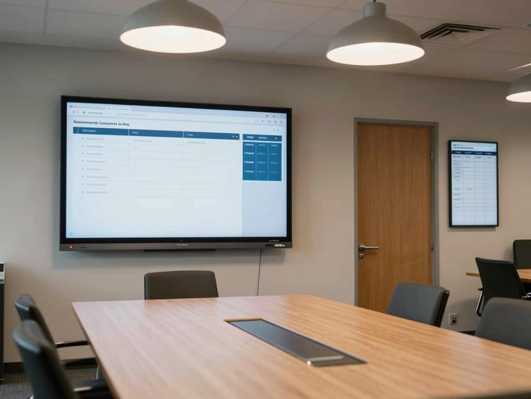Environmental wide shot of a corporate meeting room with a large wall-mounted display showing a presentation, scheduling panel mounted beside the door, tungsten pendant lights overhead, table and chairs in context