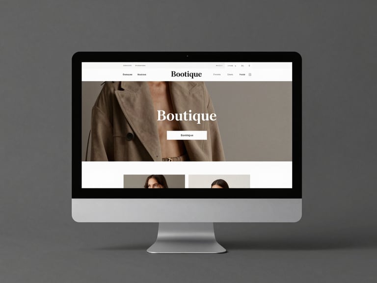A high-fidelity minimalist device mockup of a modern boutique website displayed on a sleek desktop monitor, soft studio lighting, clean charcoal background, realistic shadows.