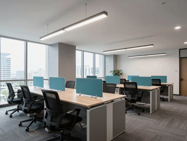 Premium fully furnished office interior in IT City Mohali, modern desks with ergonomic chairs, neat cable management, cool architectural lighting, bright and clean