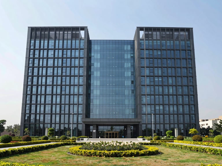 Symmetrical architectural elevation of a modern glass and steel corporate headquarters in Mohali, bright daylight, manicured landscaping in foreground
