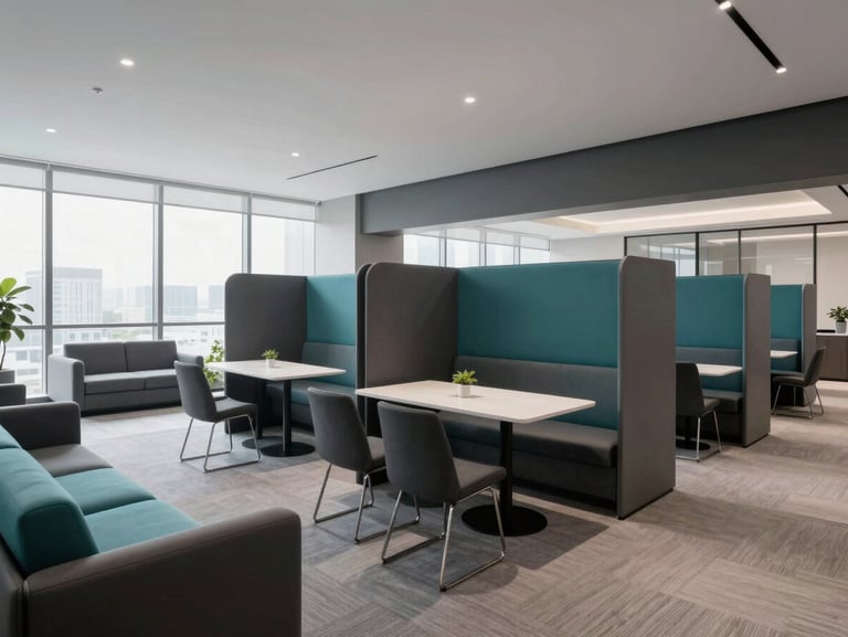 Managed corporate office space collaborative zone, high-end lounge seating, private meeting pods, clean minimalist design with teal accents
