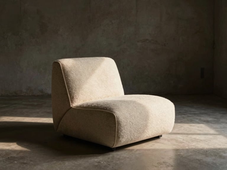 A single minimalist lounge chair in textured cream bouclé fabric, positioned in an empty concrete room with warm ambient side-light, deep shadows.