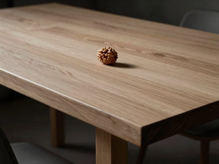 Close-up of a raw walnut timber joint on a minimalist dining table, dramatic side-lighting, high-contrast wood grain details.