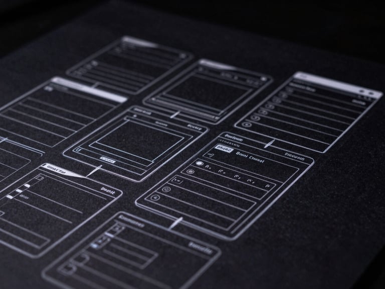 Stylized hand sketch of an Android app wireframe on dark paper, sharp white lines, low-key lighting, technical blueprint aesthetic