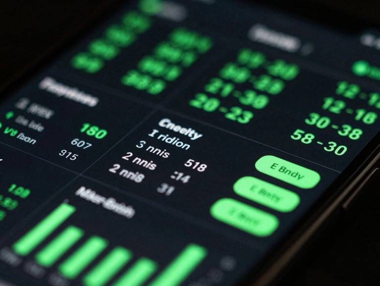 Extreme close-up of a high-resolution phone screen showing a sleek financial utility app with neon green data visualizations.