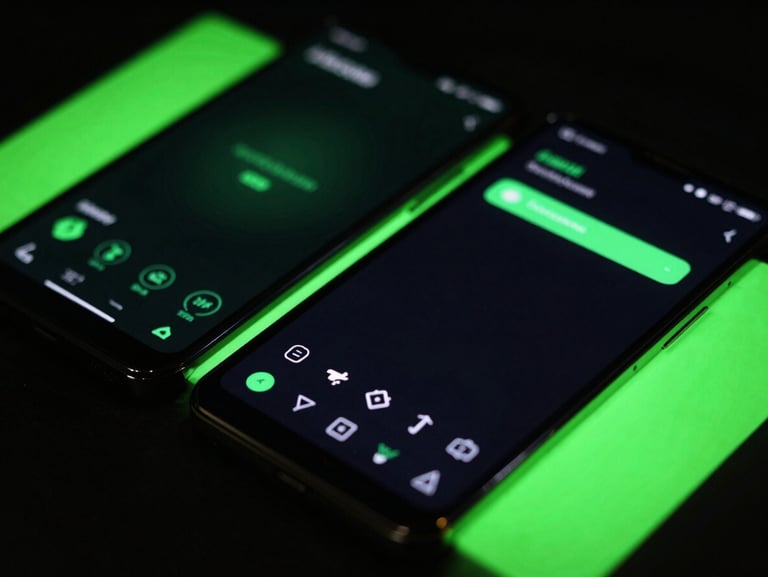 High-contrast tech photography of a physical Android screen showing a dark-mode interface with vibrant neon green accents, macro detail, low-key cyberpunk studio lighting