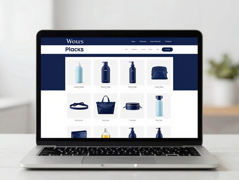Straight-on mockup of a modern e-commerce website on a laptop screen, clean product grid, soft daylight, navy accents