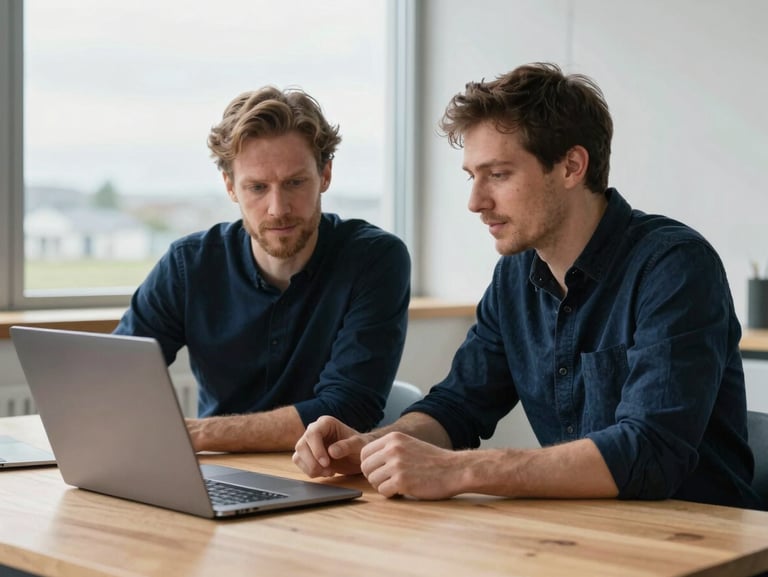 An environmental portrait of two professional web designers collaborating over a clean wooden desk, natural overcast window light, Isle of Man studio setting