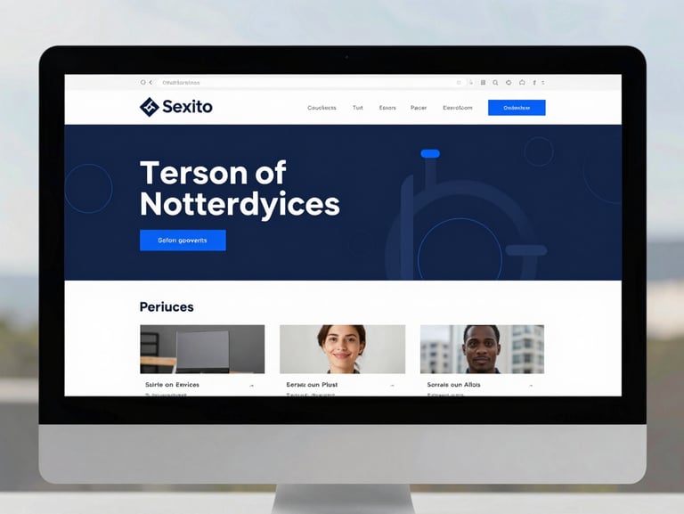 Straight-on mockup of a professional services website on a desktop screen, clean typography, soft daylight, navy accents
