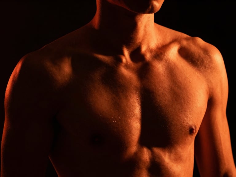 Dramatic athletic close-up of a lean torso, sharp shadows, neon orange rim lighting, high contrast