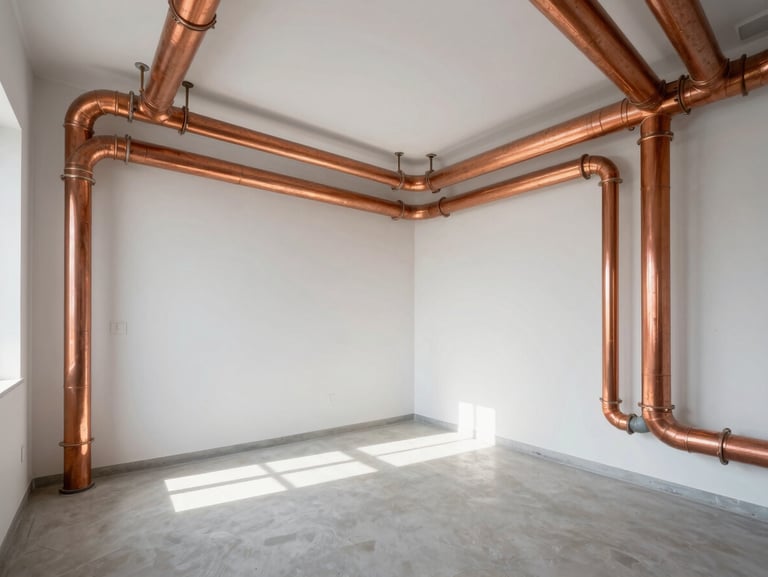 A wide architectural shot of a pristine home mechanical room, perfectly aligned copper piping glowing under clean natural light, immaculate white walls, zero clutter.