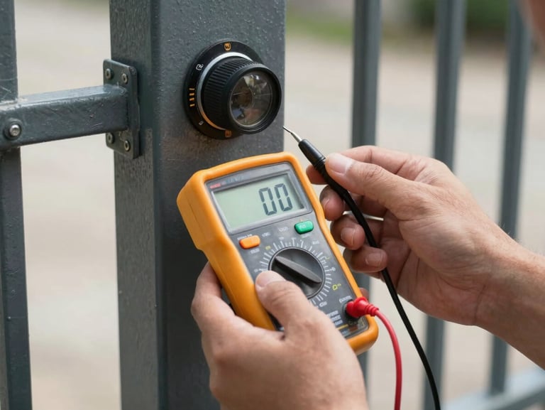 Close-up shot, high-contrast daylight, hands using a digital multimeter to test a safety photo-eye sensor mounted on a heavy steel gate post.