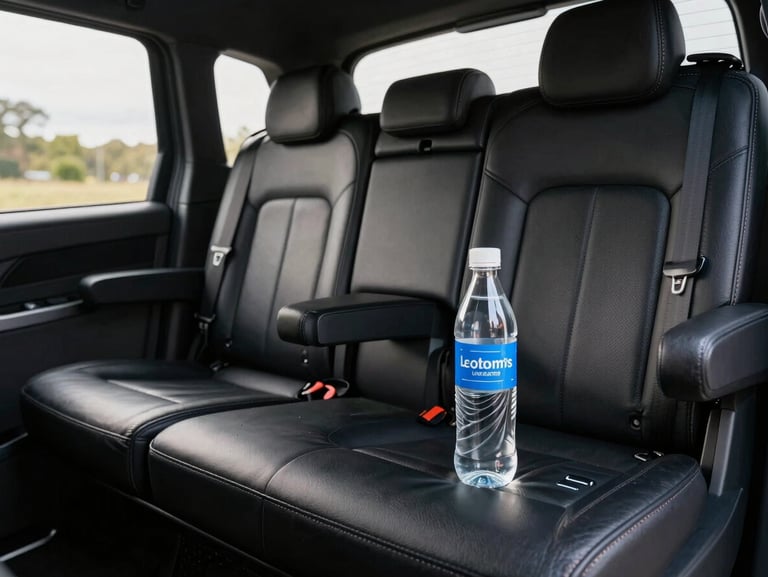 Intérieur cuir d'un van business noir haut de gamme, climatisation individuelle active, chargeurs USB visibles, bouteille d'eau et finitions soignées.
