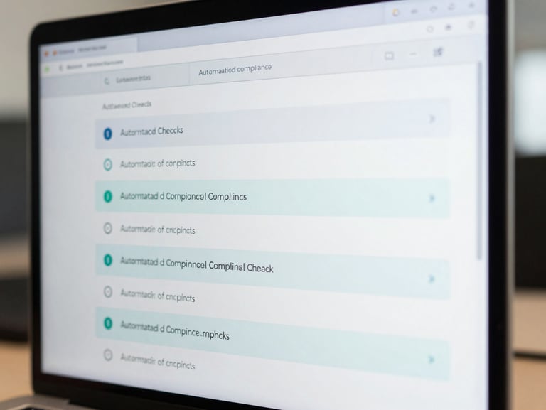 Crisp macro shot of a clean digital interface showing automated compliance checks, cool screen glow reflecting on a workspace surface.