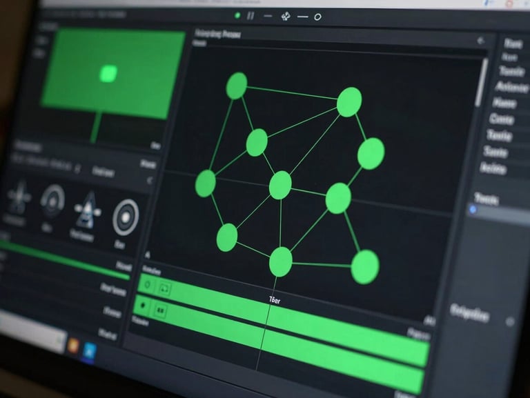 Macro close-up of a digital compositing interface, node graphs and green screen keying parameters glowing on a high-contrast dark screen, moody green ambient studio light.