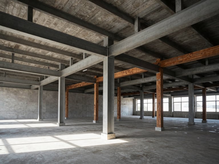 Wide-angle interior of a renovated commercial space with exposed steel beams and heavy timber framing, natural light, 35mm