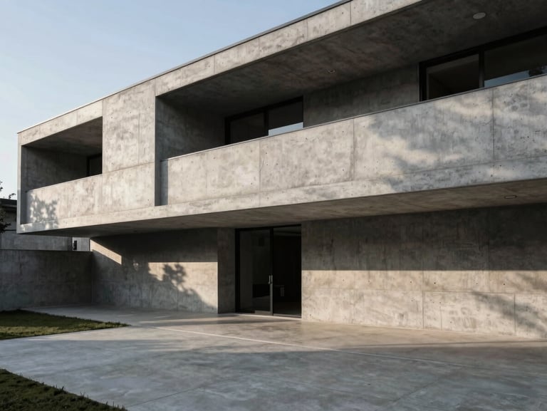 Wide-angle architectural photograph of a monolithic concrete residence, sharp afternoon shadows, minimalist design, 35mm
