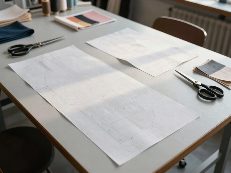 Wide-angle overhead view of an apparel workshop table, paper patterns laid out next to tailor shears and fabric swatches, soft morning side-light.