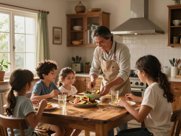 Warm kitchen interior with natural morning light, a fresh family meal prepared on the table, cozy Colombian home atmosphere.