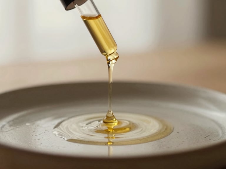 Golden liquid botanical oil dripping from an amber glass dropper, creating soft ripples on a ceramic dish, warm diffused lighting