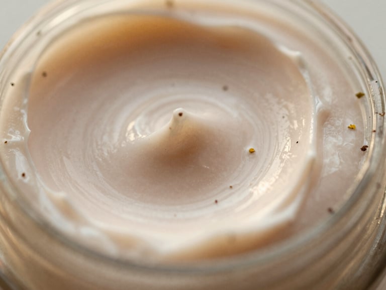 Macro close-up of a rich botanical face cream texture with soft herbal flecks, side-lit by warm morning window daylight