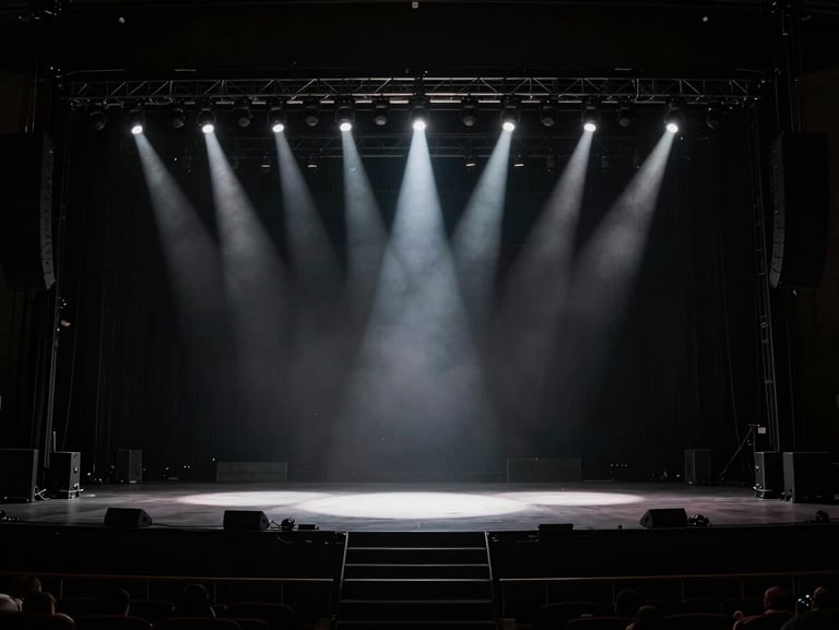 Dramatic high-contrast event lighting over an arena-level concert stage, crisp spotlights, deep rich shadows, 35mm