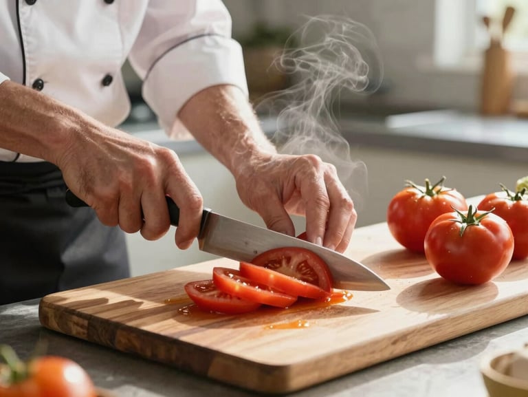 A chef's hands carefully slicing fresh heirloom tomatoes on a heavy wooden board, steam rising gently in a bright, sunlit modern kitchen.