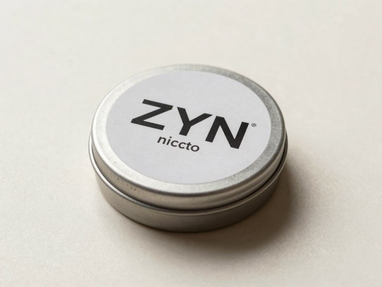 Studio product flat of ZYN nicotine pouch tin on a soft cream surface, overhead diffuse lighting, clean cylindrical tin with label detail crisp, minimal background, quiet shadow beneath the tin