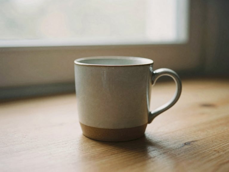A close-up of a ceramic mug on a wooden table with soft morning light filtering through a window, warm earthy tones, shallow depth of field.