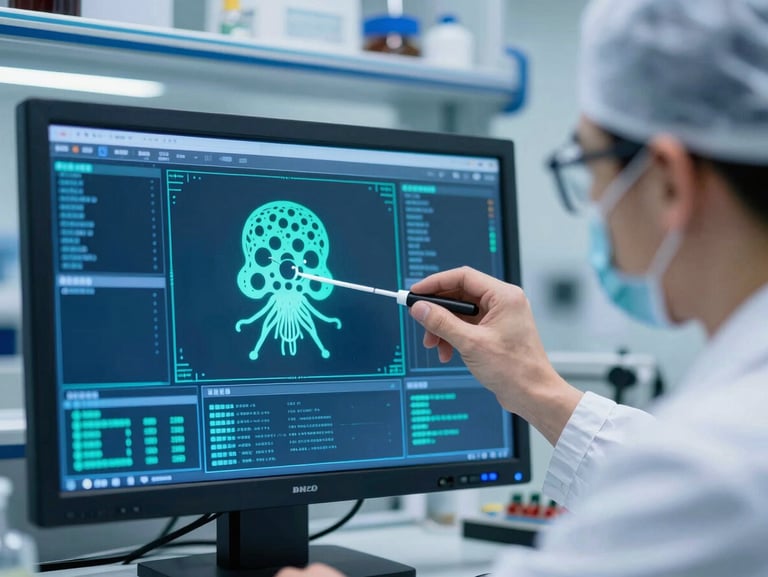 Close-up of a researcher in a sterile cleanroom environment analyzing neural interface data on a high-resolution monitor, cool crisp lighting